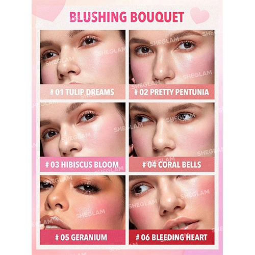 عرض تطبيقي لستة درجات بلاشر كريمي شيجلام Blushing Bouquet على الوجوه لإظهار التأثير المختلف لكل درجة.